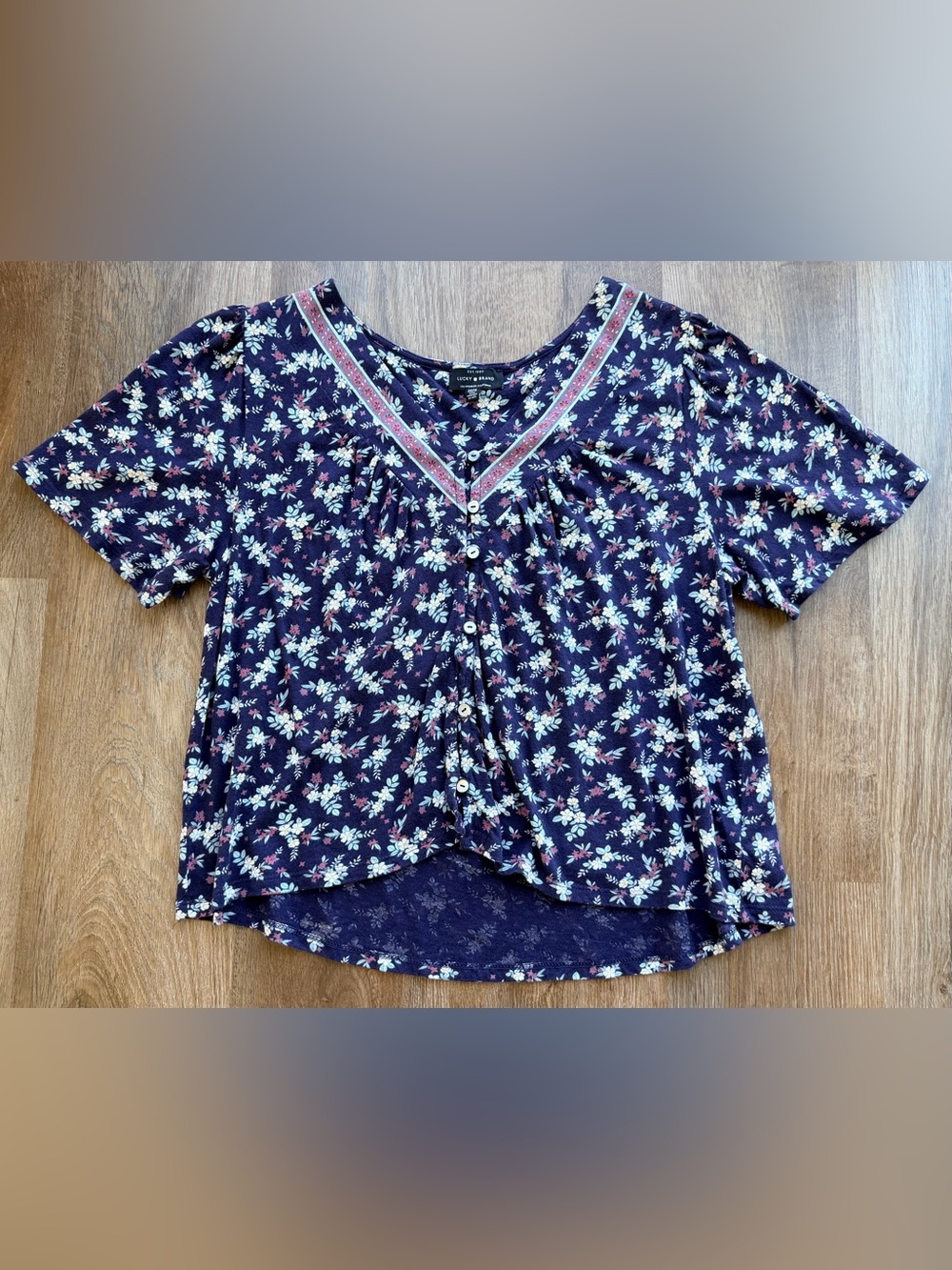 LUCKY BRAND | Floral Button Front Top | Boho Cottagecore | Peasant Blouse